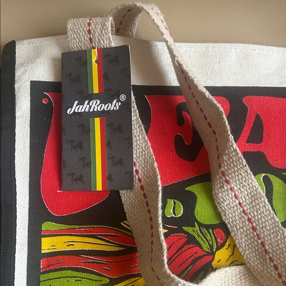 Roots White Canvas Tote with Red, Yellow and Green Peace & Love Graphic - Picture 6 of 6